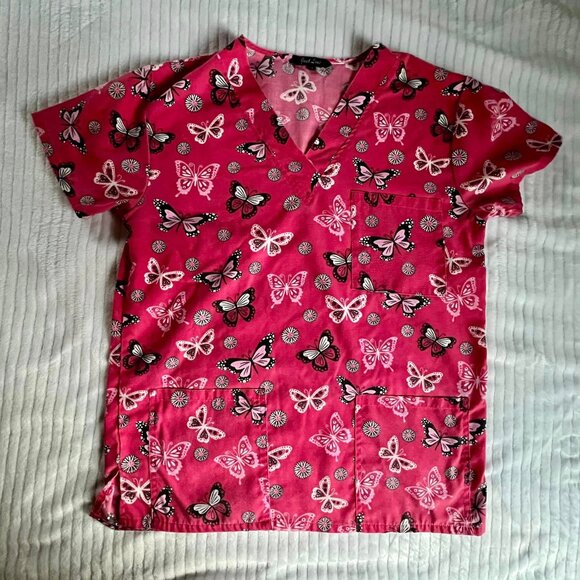 Women's Size Small Just Love Pink Butterfly Scrub Uniform Top - Picture 1 of 8